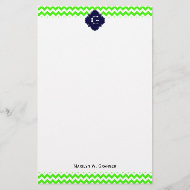 Lime Green Chevron Navy Blue Quatrefoil Monogram Brevpapper (Framsida)