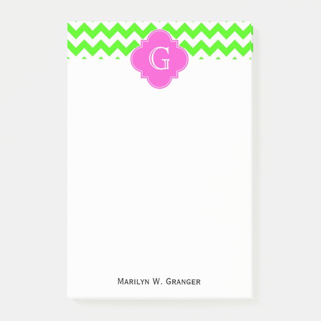 Lime Green Chevron Shock rosa Quatrefoil Monogram Post-it Block (Framsida)