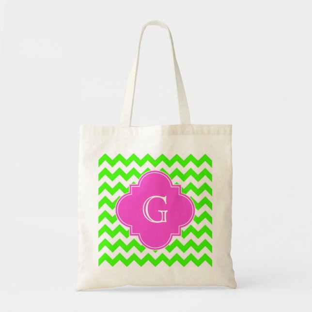 Lime Green Chevron Shock rosa Quatrefoil Monogram Tygkasse (Framsidan)
