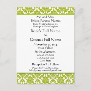 Lime Green Damask on White bröllopsinbjudan Inbjudan Vykort