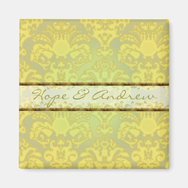 Lime Green Damask Wedding Magnet (Framsidan)