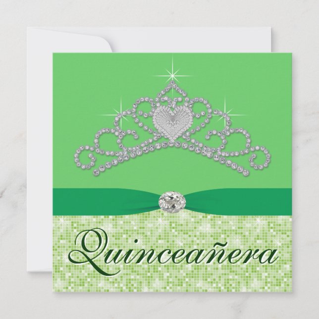 Lime Green Diamond Tiara Grönt Quincenera Inbjudningar (Framsida)