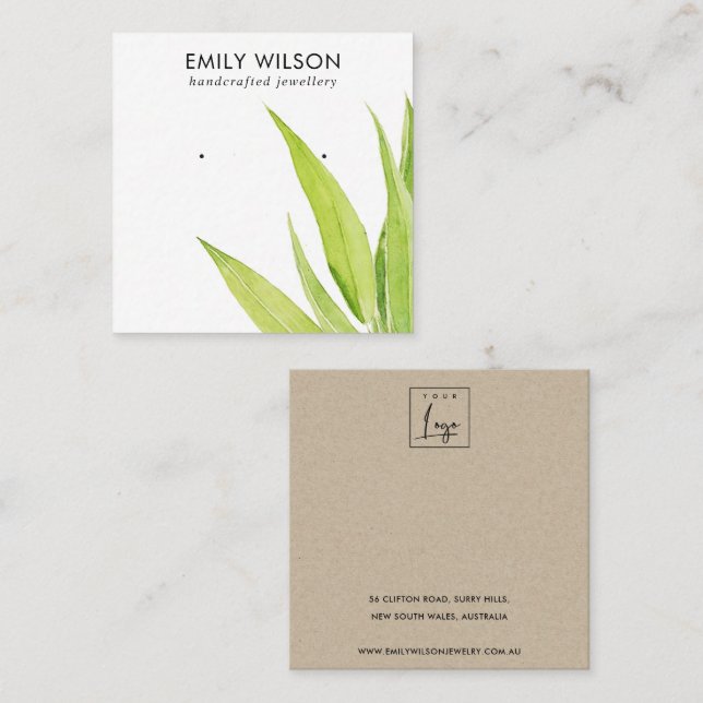 LIME GREEN EUCALYPTUS FAUNA EARRING STUDERING VISN FYRKANTIGT VISITKORT (Fram/baksida)