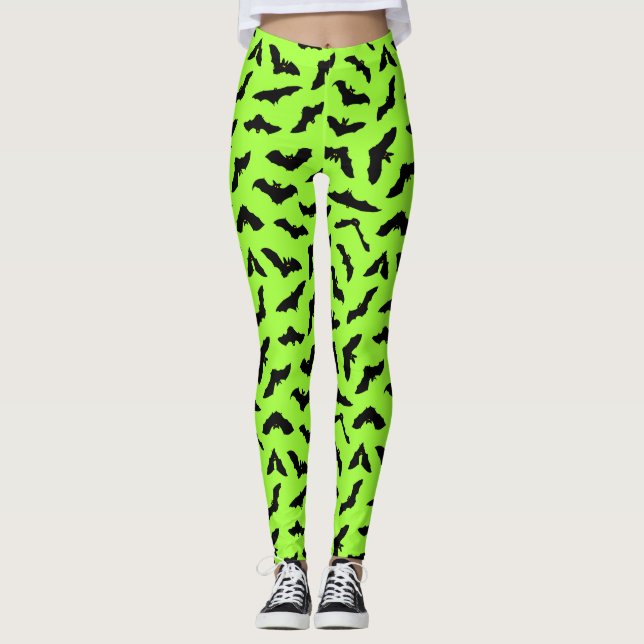 Lime Green Fladdermus Mönster Halloween Leggings (Framsida)