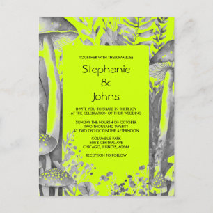 Lime Green Grått Black Woodland Mushroom Bröllop Inbjudan Vykort