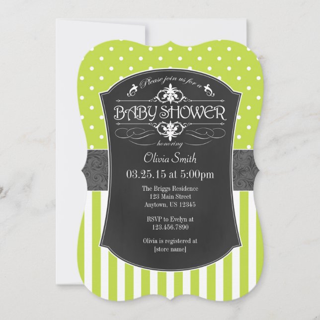 Lime Green Grått Chalkboard Rand Baby Shower Inbjudningar (Framsida)