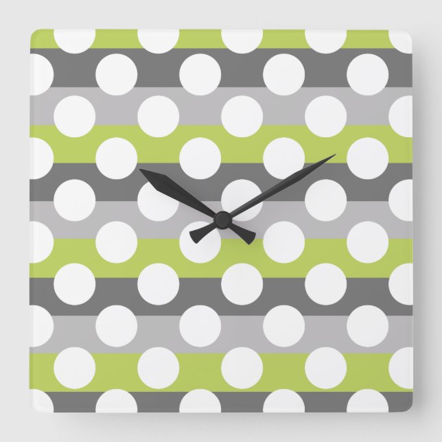 Lime Green Grått White Modern Polka Dot Mönster Fyrkantig Klocka (Framsida)