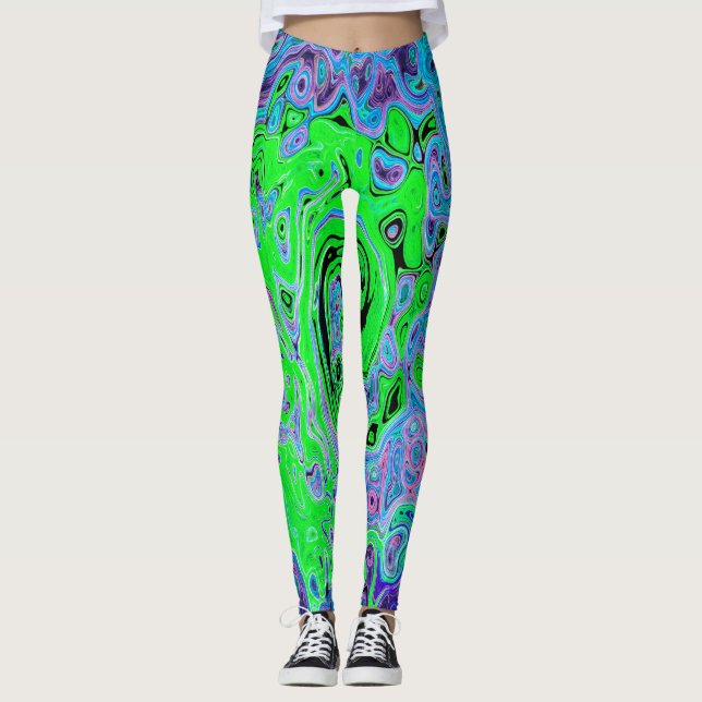 Lime Green Groovy Abstrakt Retro Liquid Swirl Leggings (Framsida)