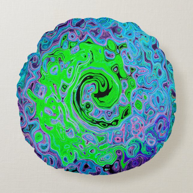 Lime Green Groovy Abstrakt Retro Liquid Swirl Rund Kudde (Framsidan)