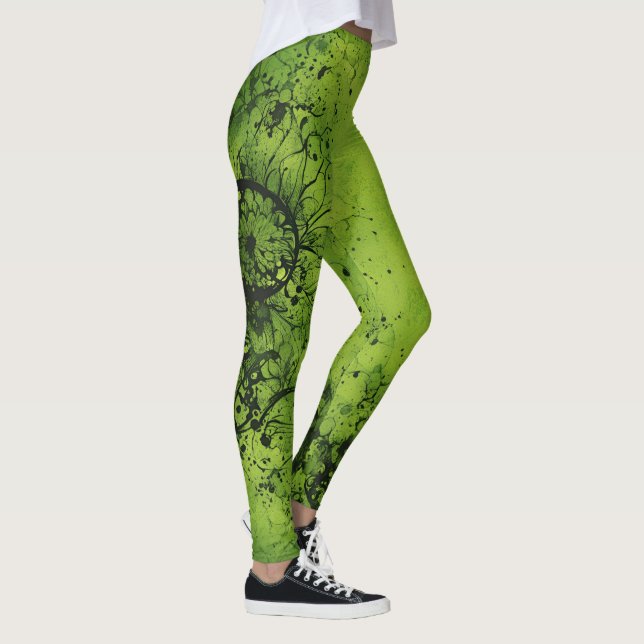 Lime Green Grunge with Black Accents Leggings (Höger)