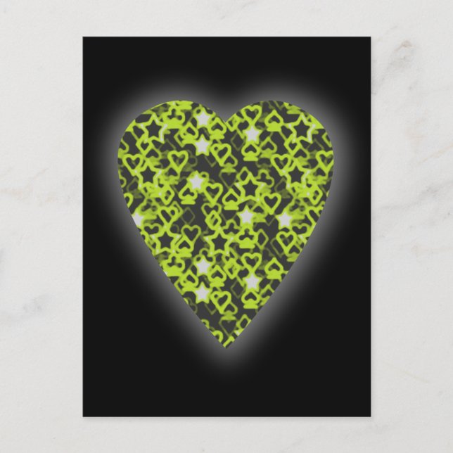 Lime Green Heart. Mönstrad hjärtdesign. Vykort (Framsida)
