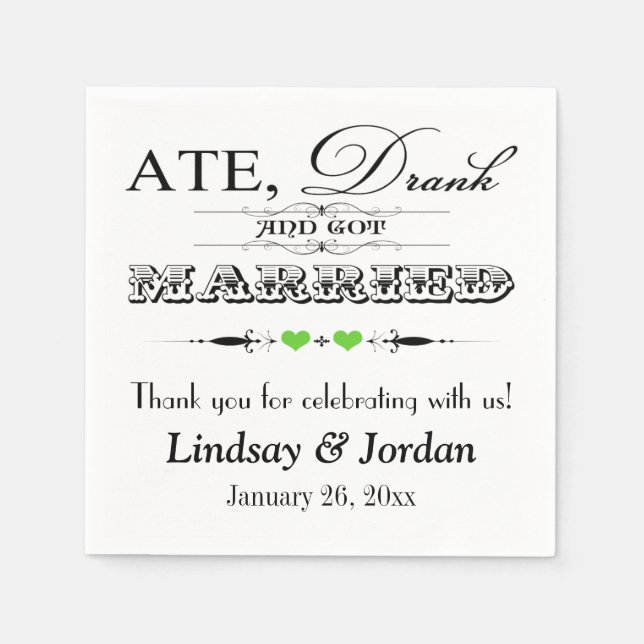 Lime Green Hearts and Scrolls Bröllop Napkins Pappersservett (Framsidan)