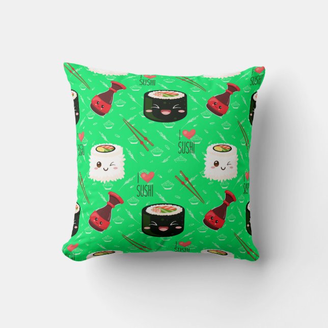 Lime Green Kawaii Sushi mönster Kudde (Framsida)