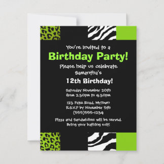 Lime Green Leopard och Zebra Animal Print Party Inbjudningar