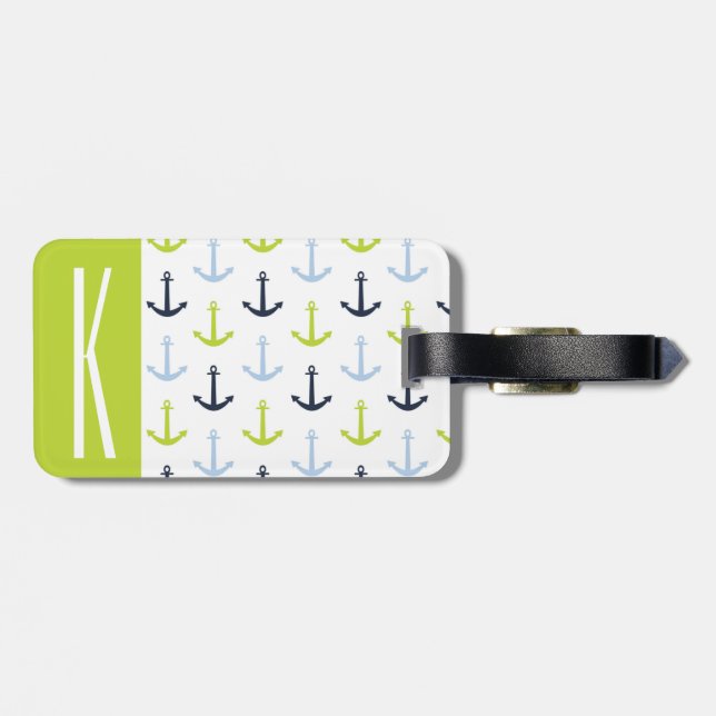 Lime Green, Light Blue, Navy, Nautical Anchors Bagagebricka (Baksida Vågrät)