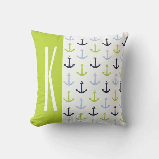 Lime Green, Light Blue, Navy, Nautical Anchors Kudde (Framsida)
