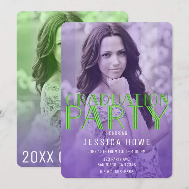 Lime Green Lila Studentfest Student Photo Inbjudningar (Fram/baksida)