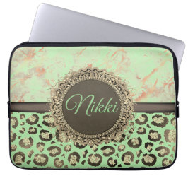 Lime Green Marble Glittery Leopard Laptop Fodral