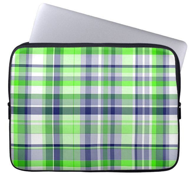 Lime Green, marinblå, vit Preppy Madras Play Laptop Sleeve (Framsidan)