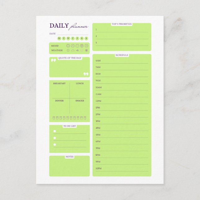 Lime Green Minimalist Daily Planner Template Vykort (Framsida)