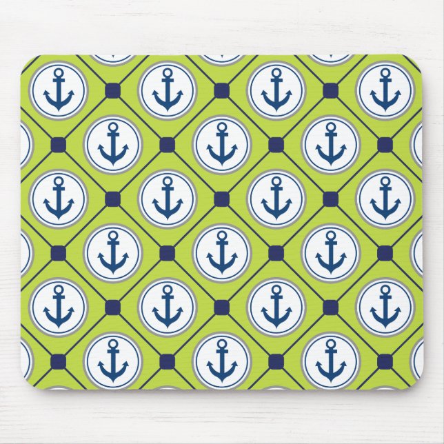 Lime Green Nautical Anchor Mönster Musmatta (Framsidan)