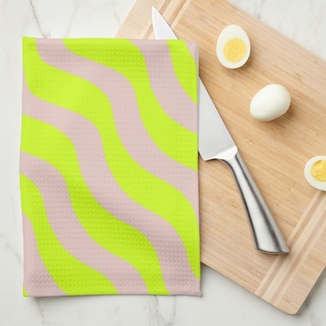 Lime Green Neon och Beige Abstrakt Rand Kökshandduk (Vikt i Fjärdedel)