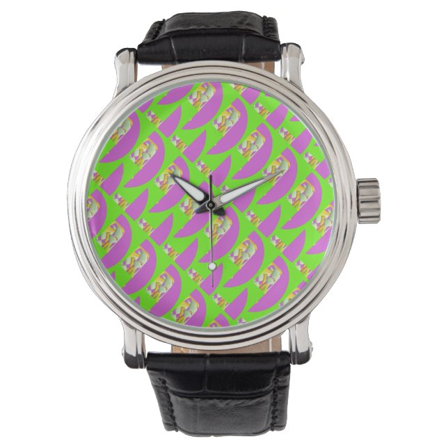 Lime Green och bright lila mönster Compact Mi Armbandsur (Framsida)