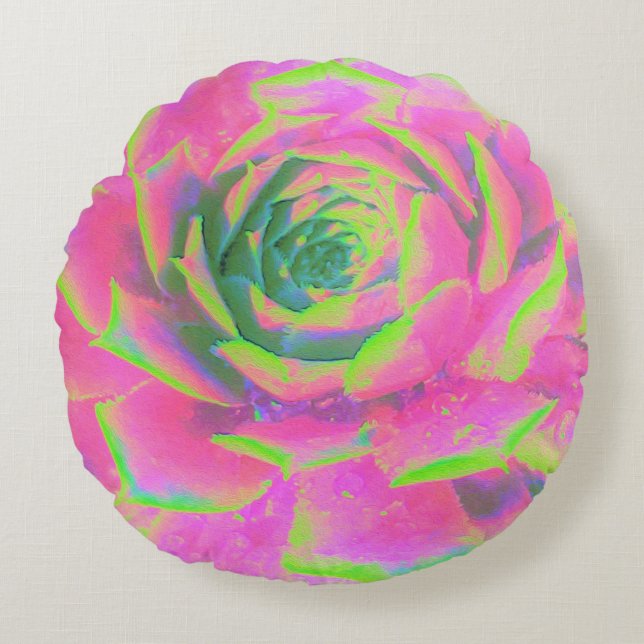 Lime Green och Rosa Succulent Sedum Rosette Rund Kudde (Framsidan)