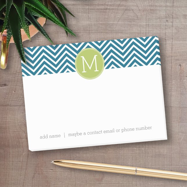 Lime Green och Teal Chevron Mönster Monogram Post-it Block (Personalized post-it notes - add your name and other text)