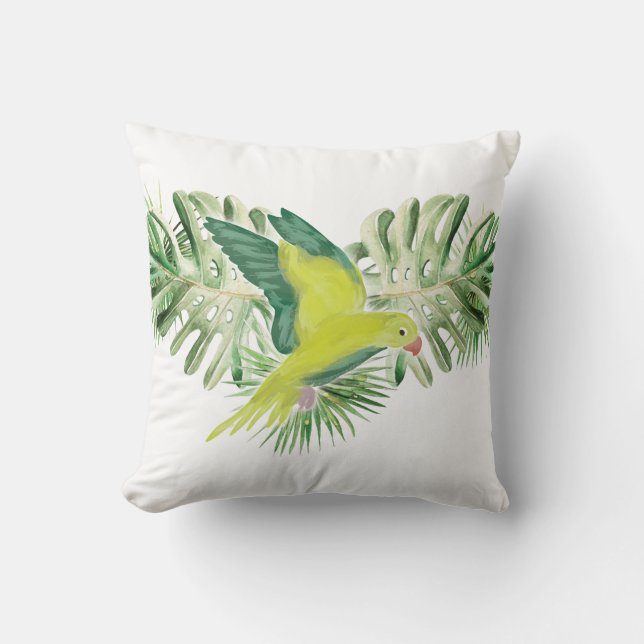 Lime Green Parrot med tropiska Löv Kudde (Framsida)