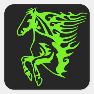 Lime Green Pony Horse Stallion Steed Line Art Fyrkantigt Klistermärke
