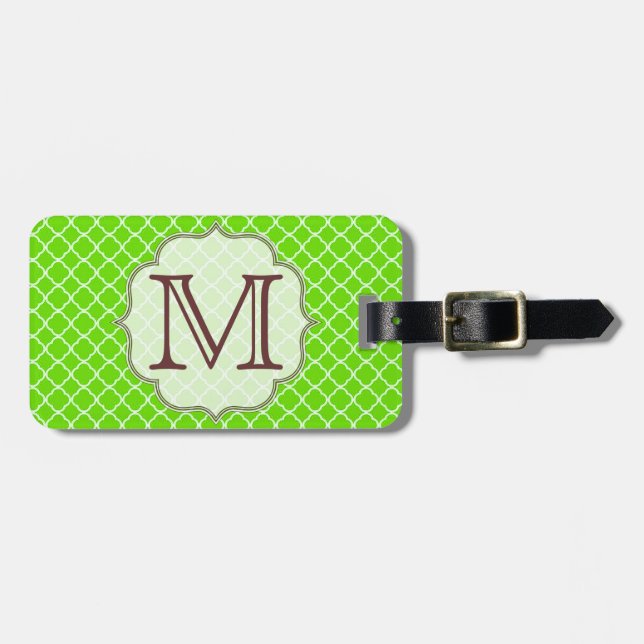 Lime Green Quarterfoil Latti Monogram Luggage Tag Bagagebricka (Horisontell Framsida)