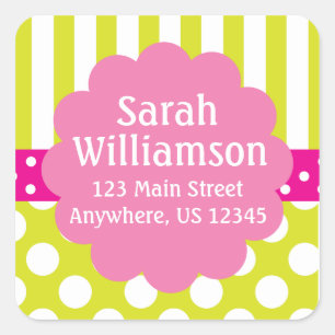Lime Green Rosa Rand Polka dots Adress Sticker Fyrkantigt Klistermärke