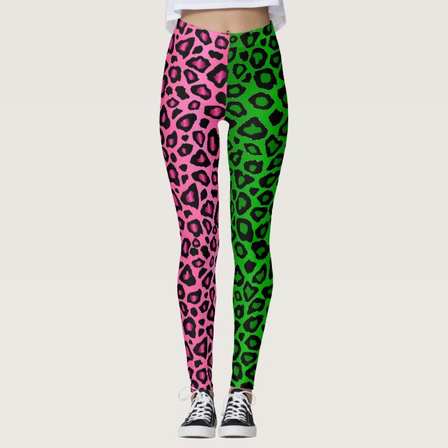 Lime Green - Shock rosa Leopard Animal  Leggings (Framsida)