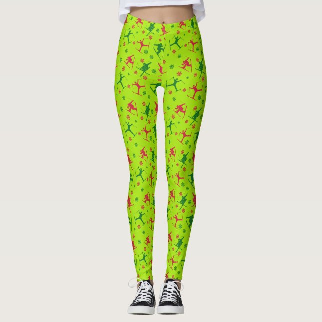Lime Green Ski Tricks Mönster jul Leggings (Framsida)