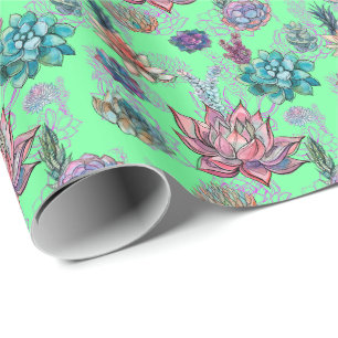 *~ Lime Green Söt Blue Grönt Succulent Mönster Presentpapper