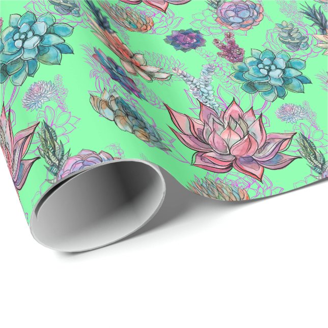 *~ Lime Green Söt Blue Grönt Succulent Mönster Presentpapper (Rullad Hörn)