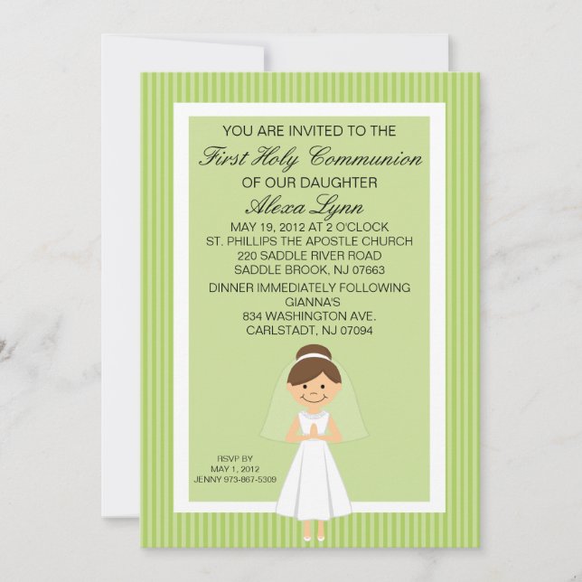 Lime Green Söt First Communion Girl Inbjudan (Framsida)