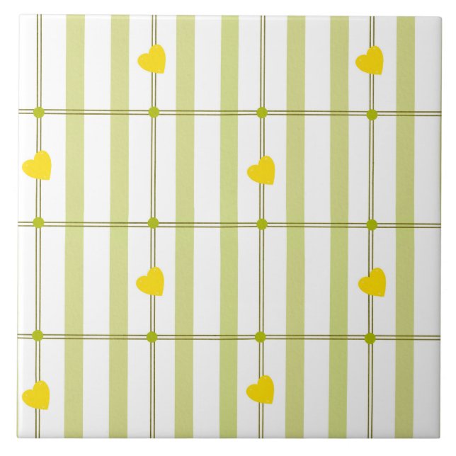 Lime Green Stripe and Yellow Hearts  Kakelplatta (Framsidan)