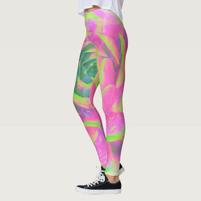 Lime Green Succulent Sedum Detail Leggings (Vänster)