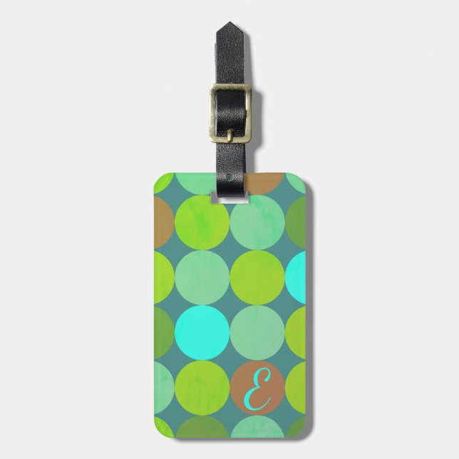Lime Green Teal Turcos & Rust Circles Monogram Bagagebricka (Vertikal Framsida)