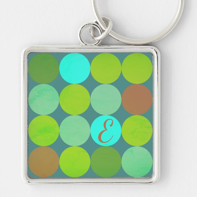 Lime Green Teal Turcos & Rust Circles Monogram Fyrkantig Silverfärgad Nyckelring (Framsidan)