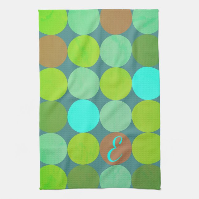 Lime Green Teal Turcos & Rust Circles Monogram Kökshandduk (Vertikal)
