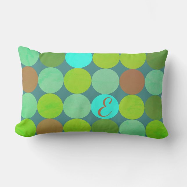 Lime Green Teal Turcos & Rust Circles Monogram Lumbarkudde (Framsida)