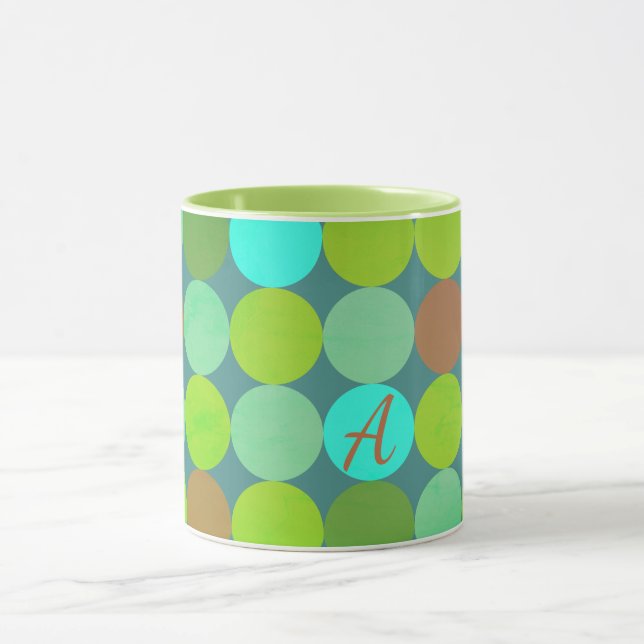 Lime Green Teal Turcos & Rust Circles Monogram Mugg (Center)