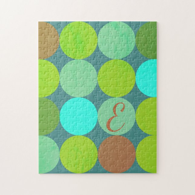 Lime Green Teal Turcos & Rust Circles Monogram Pussel (Vertikal)