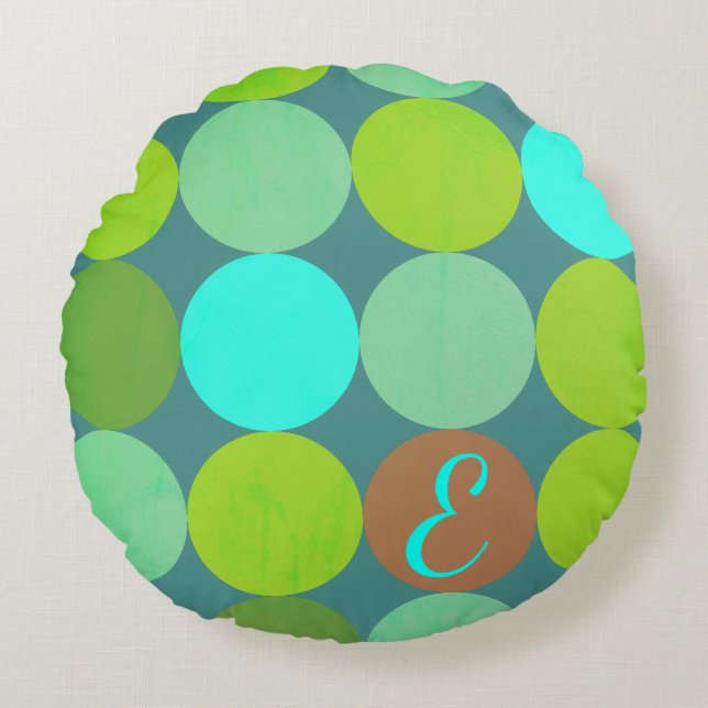 Lime Green Teal Turcos & Rust Circles Monogram Rund Kudde (Framsidan)