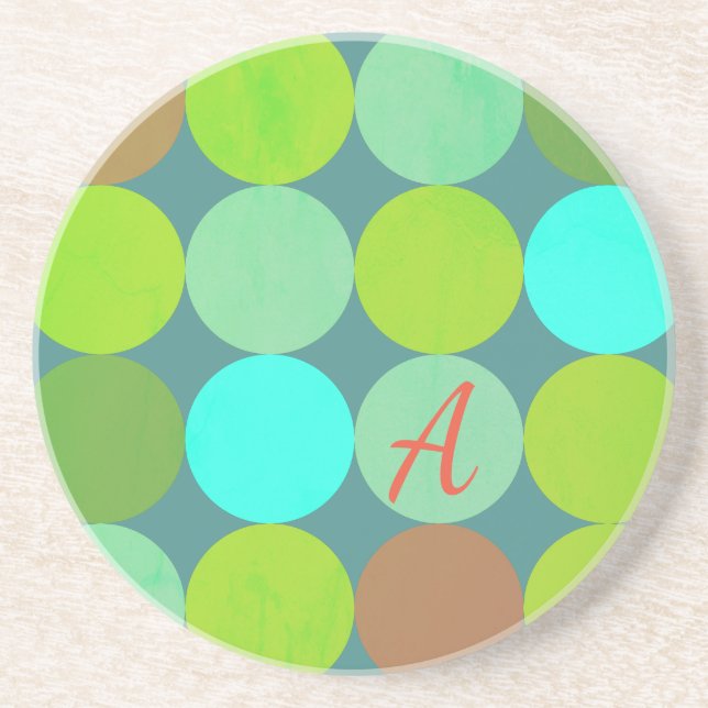 Lime Green Teal Turcos & Rust Circles Monogram Underlägg Sandsten (Framsidan)
