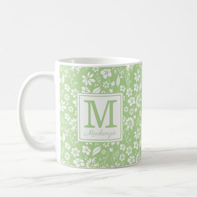 Lime Green Tropical Flowers Monogram Kaffemugg (Vänster)