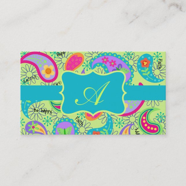 Lime Green Turcos Modern Paisley Monogram Visitkort (Framsida)